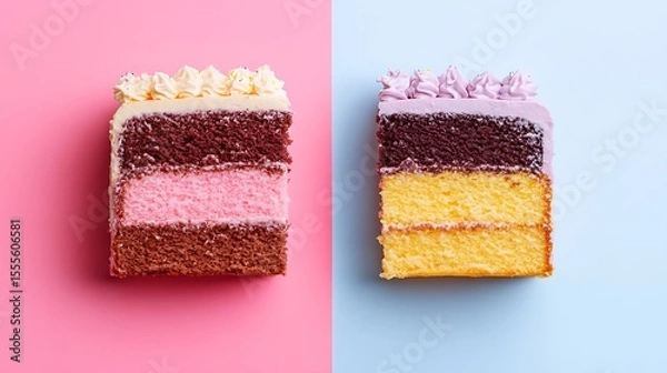 Fototapeta Two slices of layer cakes offer a delightful view on pastel backgrounds featuring vibrant textures, layers, and tempting frosting.