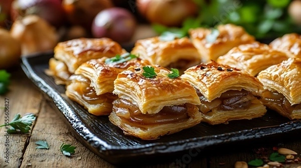 Fototapeta Delicious onion pastries with flaky crust are displayed on a black plate on a rustic wooden surface