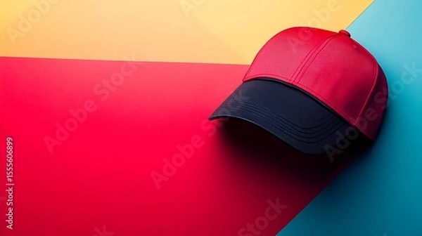 Fototapeta Vibrant studio setup showcases a stylish red and black baseball cap against colorful geometric background.