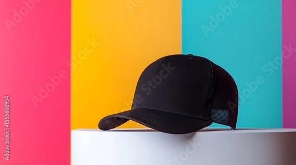 Fototapeta Stylish black cap stands on a modern white pedestal with a vibrant multicolor background in a studio setting.