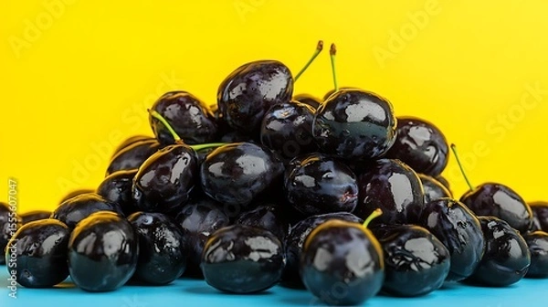 Fototapeta Fresh and juicy java plums are stacked on a vibrant blue surface against a bright yellow backdrop, offering deliciousness.
