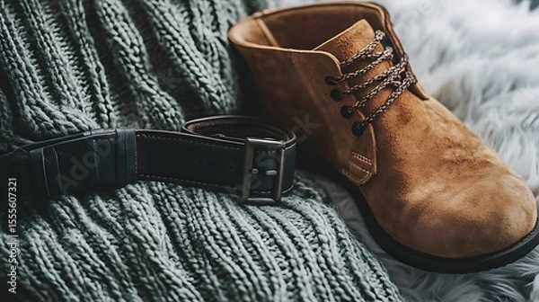 Fototapeta Cozy fall fashion featuring a tan suede boot, a textured sweater, and a leather belt for a stylish and relaxed look.