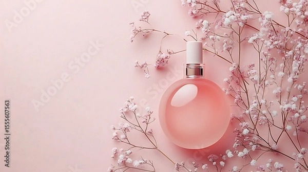 Fototapeta Elegant perfume bottle with delicate gypsophila flowers on a soft pink backdrop creating a feminine fragrance aesthetic.