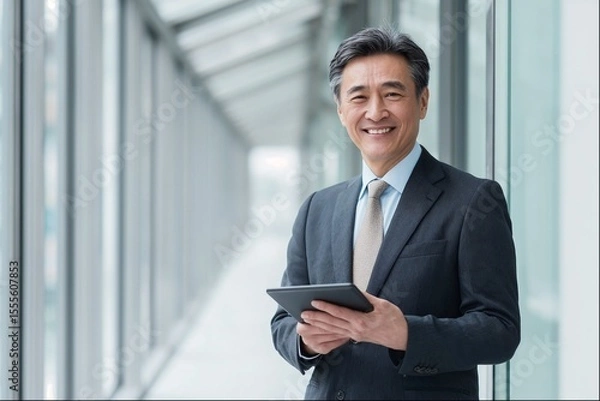 Obraz 笑顔でタブレットを持つシニアのビジネスマン（会社・企業・経営者・ホームページ）