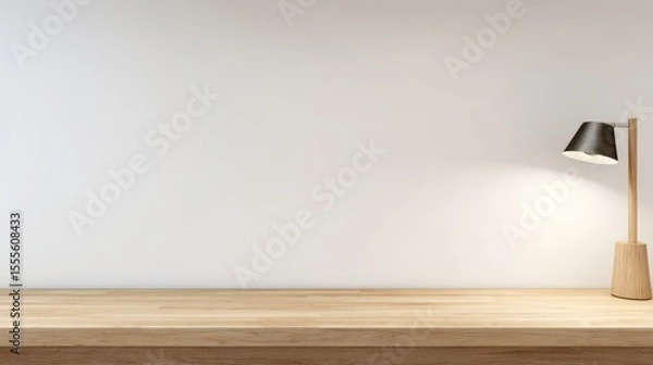Fototapeta Minimalist modern table lamp with sleek black conical shade and slender wooden base on light-colored wooden surface, soft glow, plain light-hued wall background.