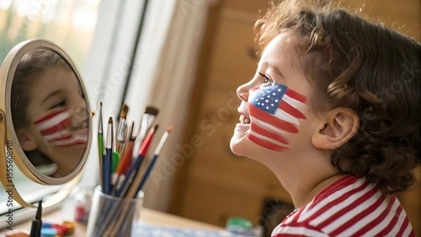 Fototapeta A close-up of a young child joyfully painting red, white, and blue colors on paper, celebrating creativity and patriotism during an Independence Day activity