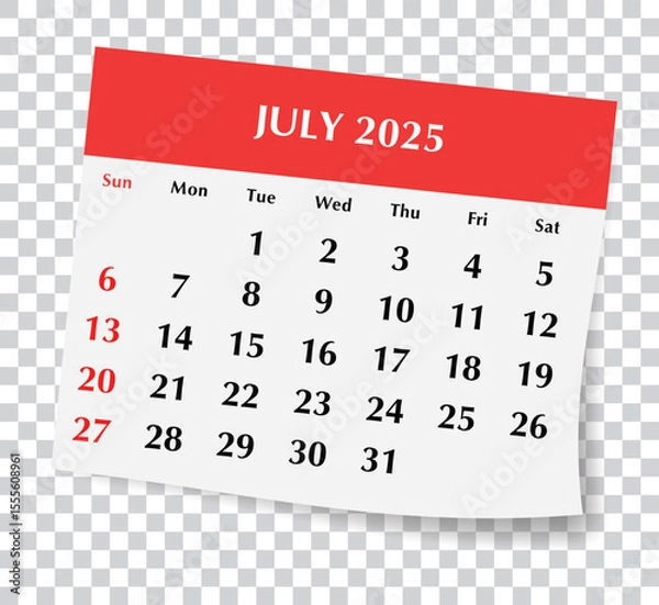 Fototapeta 2025 July English calendar. Vector illustration of monthly paper page with transparent background