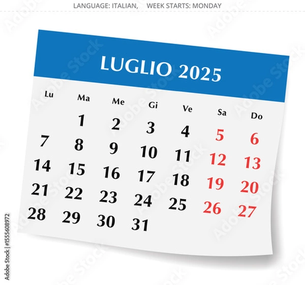 Fototapeta Calendar for july 2025 - luglio. Italy, Italian. Vector illustration in the form of a page of paper with shadow