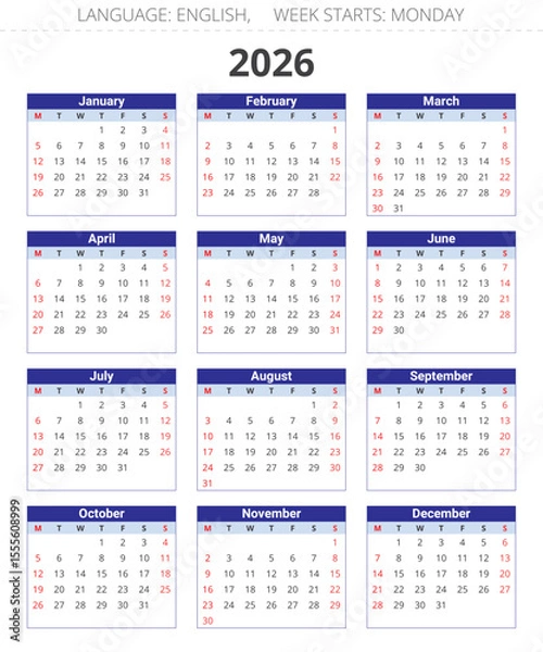 Fototapeta 2026 year english annual calendar. Vector. Week starts monday