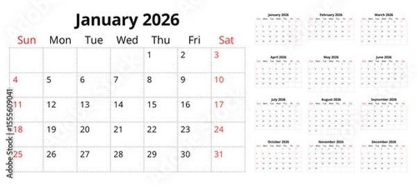 Fototapeta 2026 calendar planner. Vector collection of English monthly page calendars. Design with Sunday start