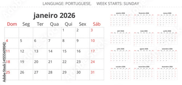 Fototapeta PORTUGUESE monthly calendar planner for 2026 year. Vector set illustration for Portugal. Week starts sunday
