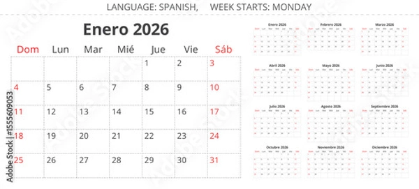 Fototapeta 2026 Spanish calendar planner. A collection of vector illustrations for each month in year. Spain