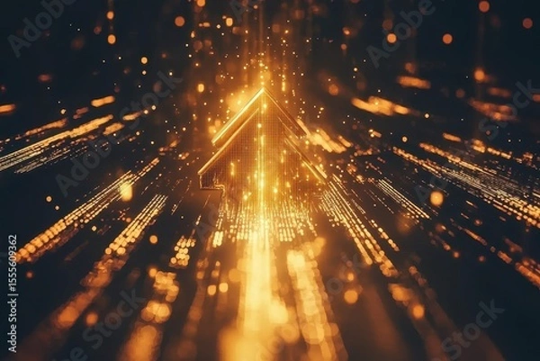 Fototapeta Golden arrow directed upwards emerging from a digital landscape of shimmering particles indicating financial growth in banking