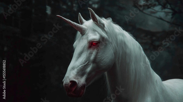 Fototapeta White Unicorn with Glowing Red Eyes

