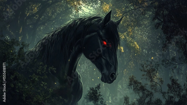 Fototapeta Dark Unicorn with Glowing Red Eyes

