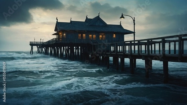 Fototapeta Rustic wooden building on pier above stormy ocean waves at dusk, warm lights glowing inside create cozy contrast with dramatic dark sky and rough sea