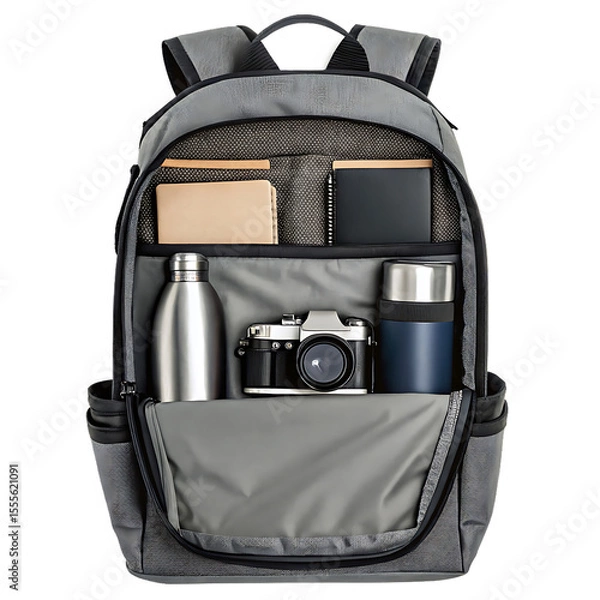 Fototapeta Gray backpack open with a camera, water bottle, wallet, and thermos inside on a solid black background
