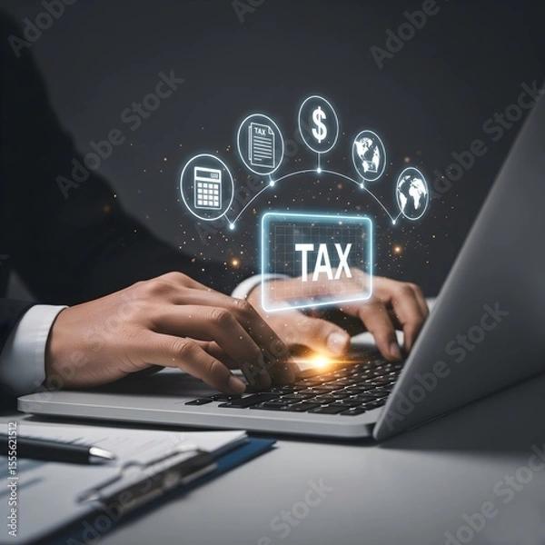 Fototapeta Busines using a computer to complete Individual income tax return form online for tax payment. Government, state taxes. Data analysis, paperwork, financial research, report. Calculation tax return.
