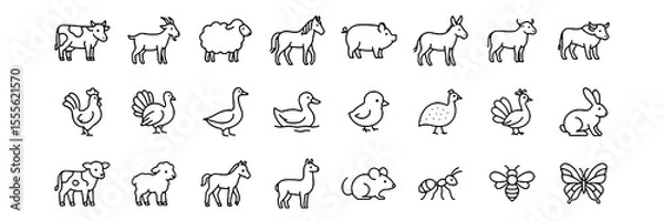 Fototapeta Farm animals line icon set. Vector pictograms of domestic goose, turkey, chick, duckling, duck, sheep, horse, pig, donkey, ox, thin linear illustration.