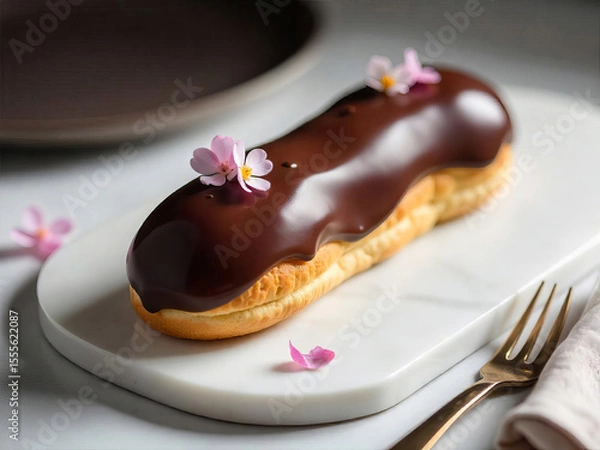 Fototapeta A chocolate eclair with pink flowers on a white marble board, next to a golden fork, in a restaurant