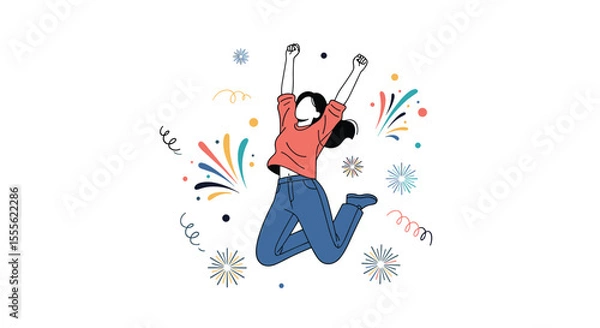 Fototapeta A woman jumping with joy celebrating a successful achievement surrounded by colorful confetti and fireworks in a festive mood for special occasions and victories