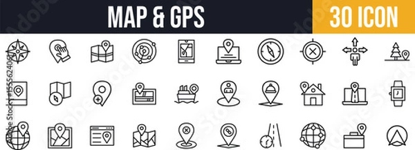 Fototapeta Map & GPS Navigation Icons pack. Location, Route, Compass, and Global Positioning icon set.