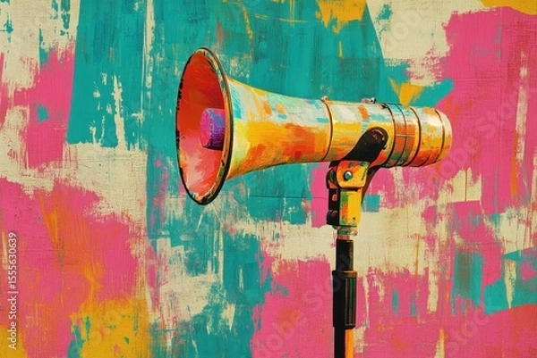 Obraz Collage art featuring a megaphone against a vibrant background representing protest and activism expression in a public setting