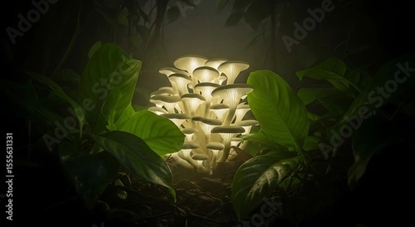 Fototapeta Glowing Mushroom Cluster in Forest