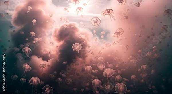 Fototapeta Jellyfish Swarm Floating Underwater Pink Cloud Atmosphere