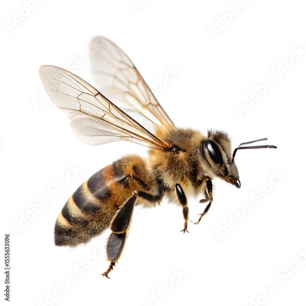 Obraz A busy honey bee flying with its wings buzzing in mid-air isolated on a transparent background png