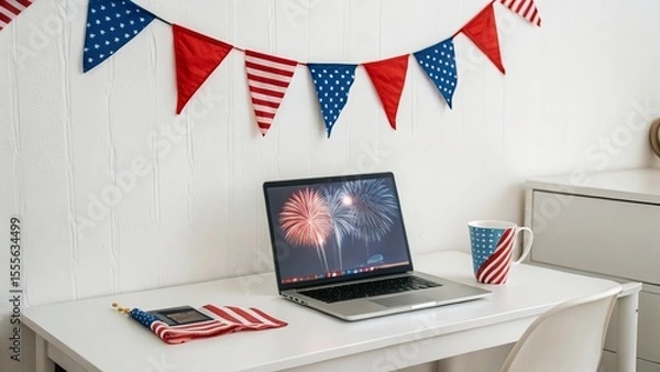 Fototapeta Minimalist workspace with subtle patriotic decor for the Fourth of July, featuring a clean desk, tiny flags, and calm celebration spirit in a modern room