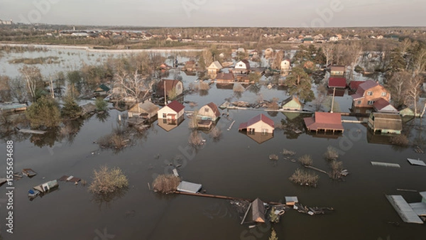 Fototapeta Global warming, floods on the planet.The apocalypse, catastrophes.Storms and destruction.Natural disasters,climate change,the riot of nature.The remnants of human life are floating in dirty water.End