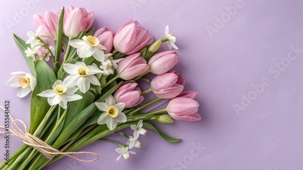 Obraz Elegant Spring Floral Bouquet with Pink Tulips and White Daffodils