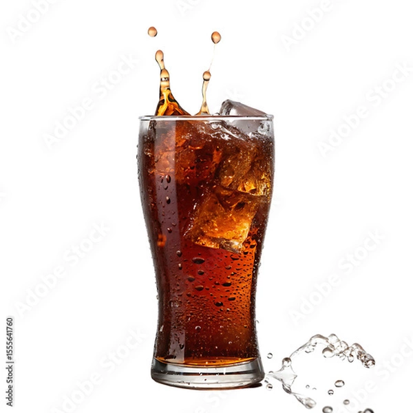 Obraz A glass of dark cola with ice cubes and a dynamic splash isolated on a transparent background png
