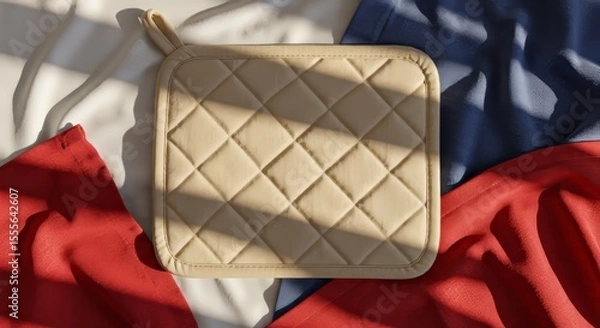 Obraz Blank pot holder laid flat on a soft, slightly wrinkled background of red, white, and blue fabric folds