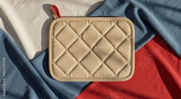 Obraz Blank pot holder laid flat on a soft, slightly wrinkled background of red, white, and blue fabric folds