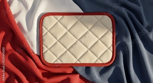 Obraz Blank pot holder laid flat on a soft, slightly wrinkled background of red, white, and blue fabric folds