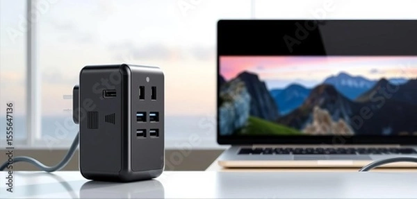 Fototapeta Compact travel power plug adapter with multiple ports, safety, electrical adapter
