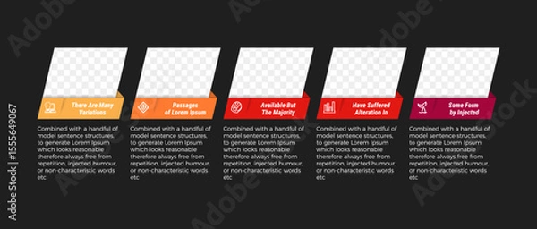 Obraz abstract design of timeline template with diagonal books for photo space, icons, and titles. vector illustration infographic company milestones timeline template diagonal stripes on black background