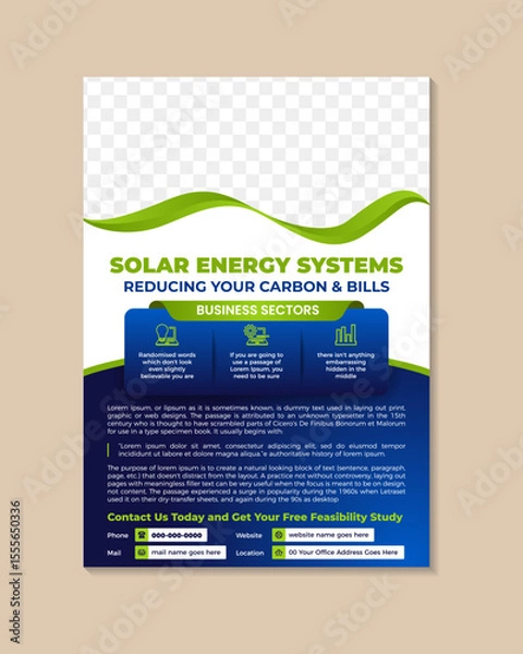 Obraz solar energy flyer design template. energy services poster, leaflet design. Combination of green and blue gradient colors. space for photo and infographic elements on white background