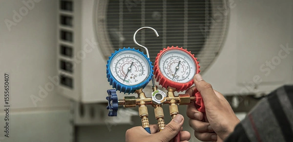 Fototapeta Technician checking the operation of the air conditioner