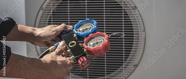 Fototapeta Technician checking the operation of the air conditioner.