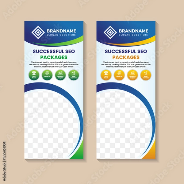 Obraz Digital Marketing Banner Stand Signage Template Design. Example of headline is Successful SEO packages. collection of Roll up banner design with infographic and space for photo or image. 