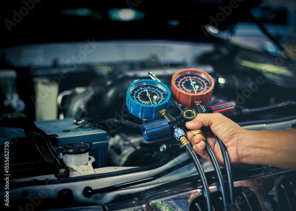 Fototapeta Car air conditioner check service, leak detection, fill refrigerant.Device and meter liquid cooling in the car by specialist technicians.