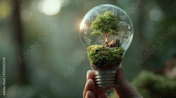 Obraz Sustainable energy concept: Tree growing inside a lightbulb embodying clean technology