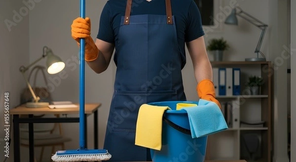 Fototapeta A cleaner wearing gloves and apron stands with a mop and a bucket filled with cleaning cloths.