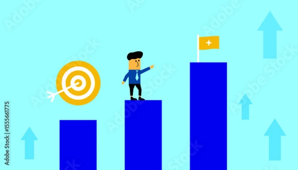 Obraz Illustration of a businessman character on the progress bar, pointing his hand towards the flag, business success, goal setting, life journey, entrepreneurship progress concept background.