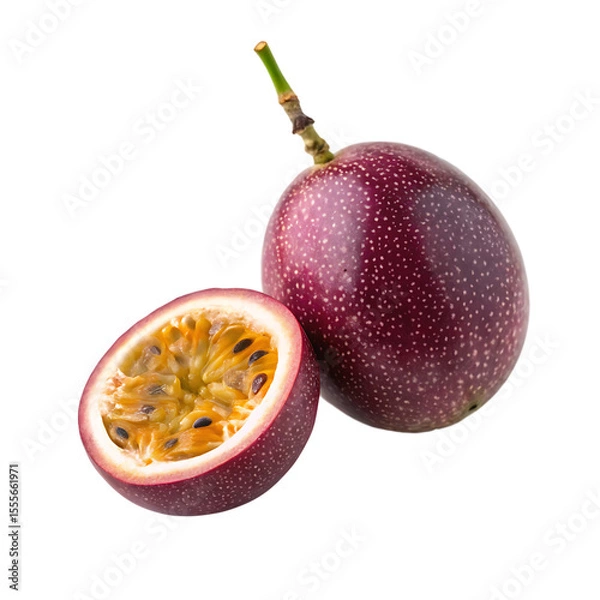 Obraz A single ripe passion fruit with a wrinkled purple skin isolated on a transparent background png
