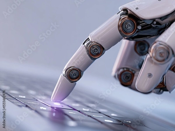 Fototapeta Robot hand point to laptop button advisor chatbot robotic artificial intelligence concept. Generative Ai