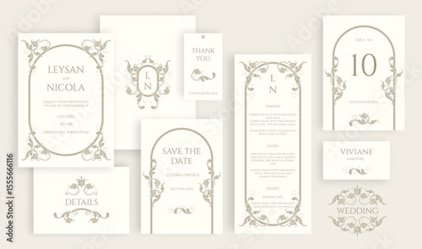 Fototapeta Wedding set. Victorian border and frame pattern. Place cards, wedding invitation, table number, save the date, thank you card, menu, sticker.